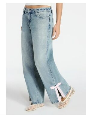 Nobo Washed Denim Wide Leg Jeans Pink Bow Sides Sz 16